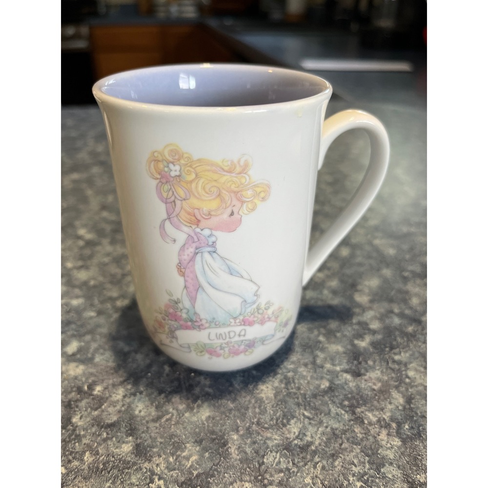 Vintage 1989 Precious Moments Linda Name Meaning Mug Enesco Ceramic Purple Insid